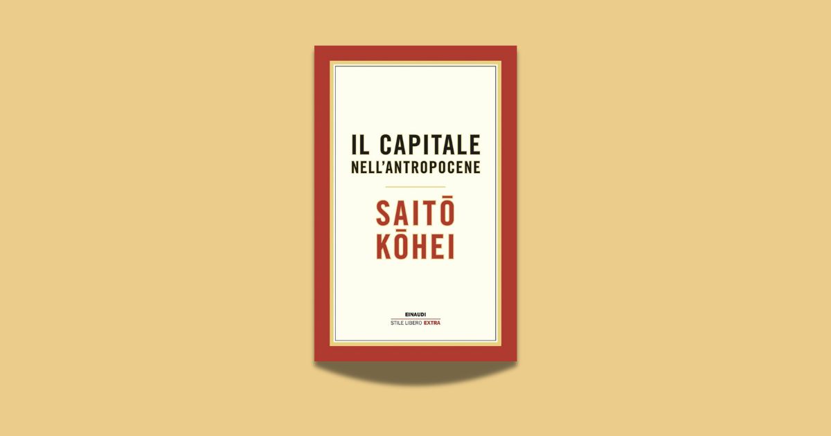 Copertina del libro Il capitale nell'Antropocene composta da scritte su fondo chiaro e un bordino rosso