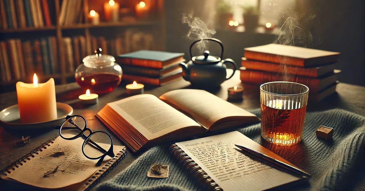 Tavolo disordinato con libri, occhiali e appunti, che trasmette l’idea di un processo di guarigione da un momento difficile e introspezione.