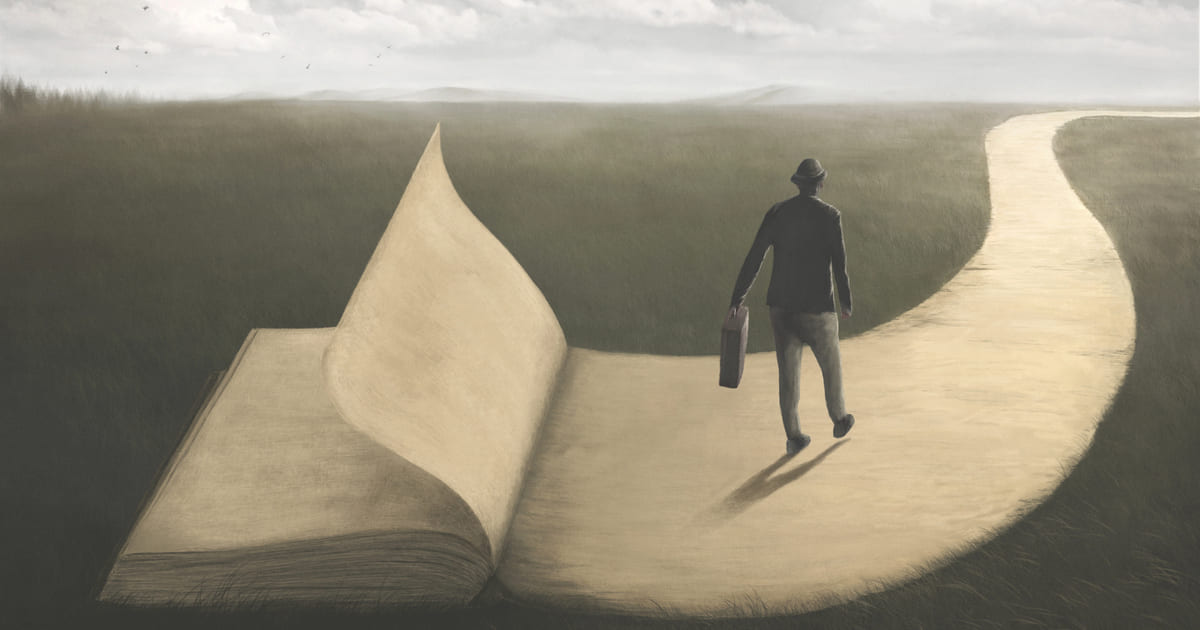 Brevi aforismi sulla vita: illustrazione di un uomo che cammina su un sentiero che emerge da un grande libro aperto