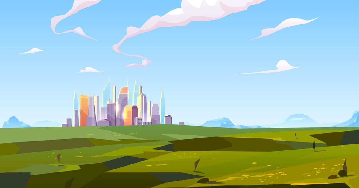 Illustrazione solarpunk di una città futuristica sostenibile circondata da prati verdi sotto un cielo azzurro