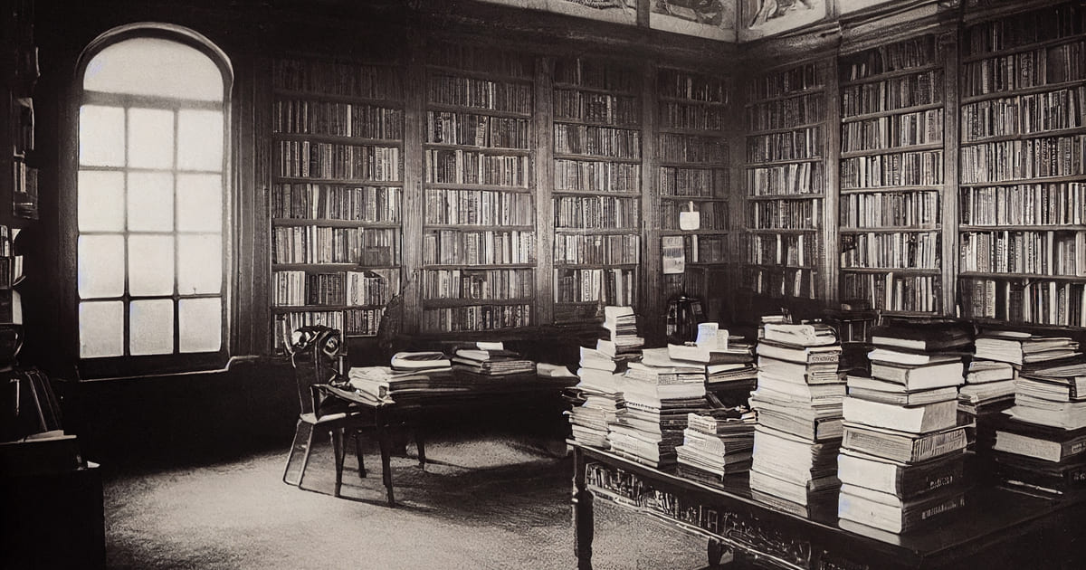 Libri e mercato: biblioteca storica con scaffali e pile di volumi invenduti