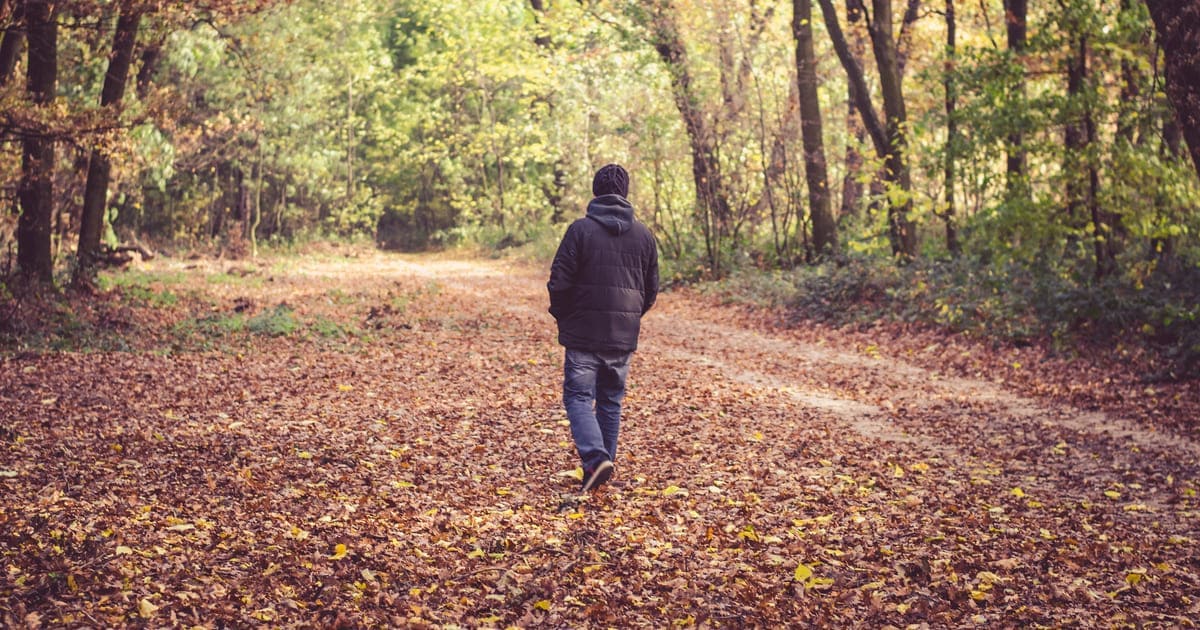 Uomo di spalle cammina in un bosco autunnale – frasi sulla nostalgia malinconica