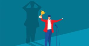 Illustrazione della sindrome dell'impostore: una persona solleva un trofeo mentre la sua ombra mostra un gesto di panico