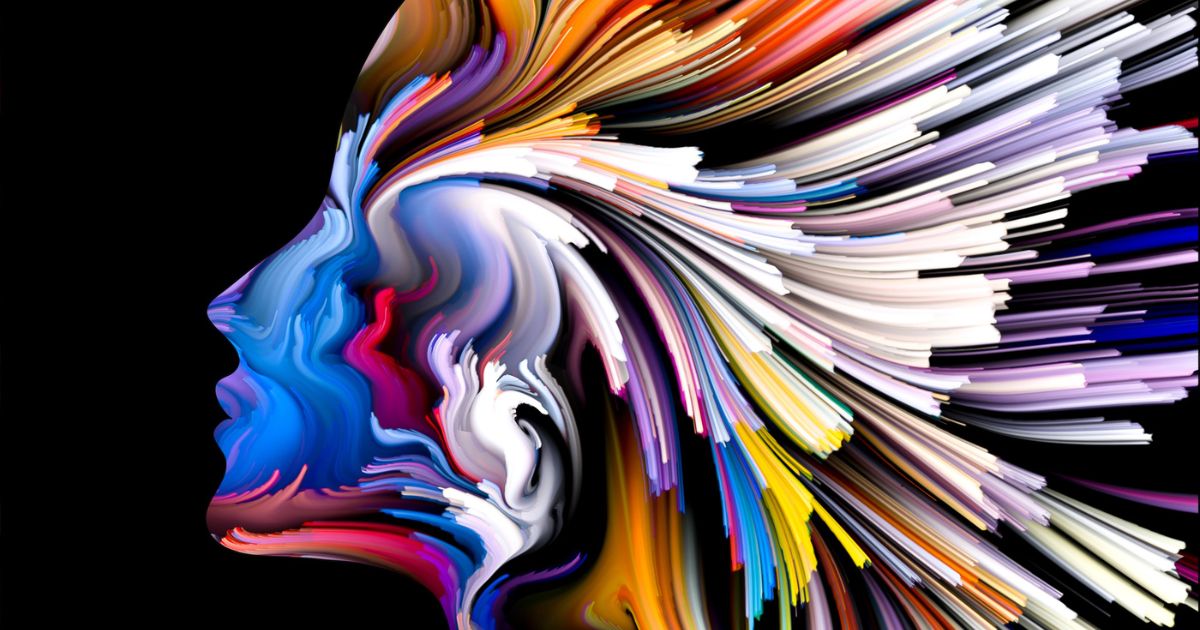 Profilo surrealista di un viso umano da cui esplodono linee di colori vivaci. Metafora visiva per frasi sulla catarsi emotiva.